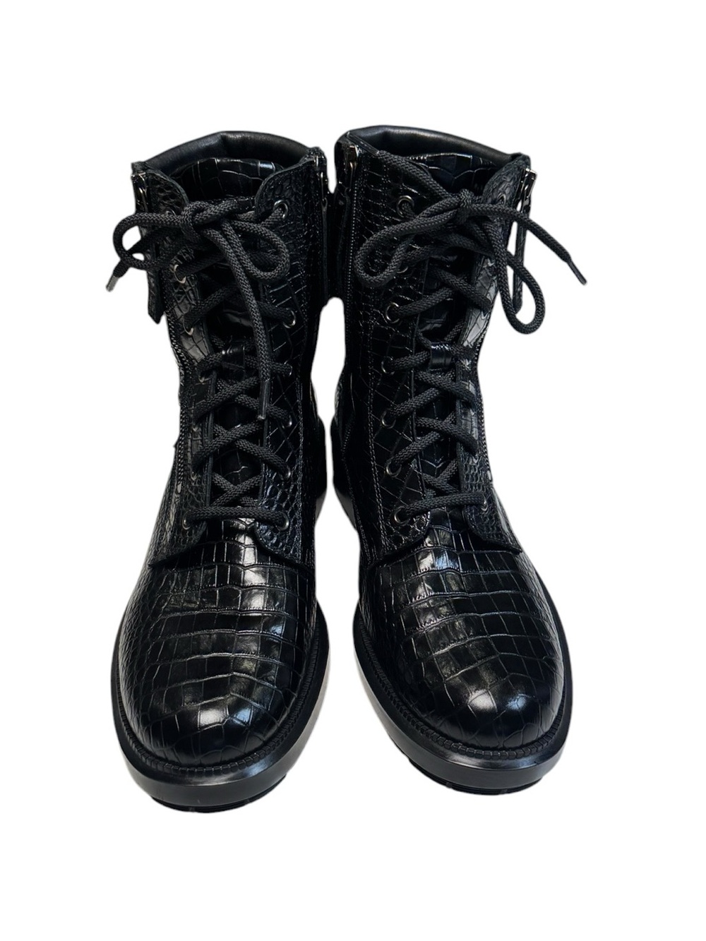 Aquatalia Black Croc Embossed Leather Combat Lace-Up Zip Ankle Boot US Women's 9 - Picture 2 of 12
